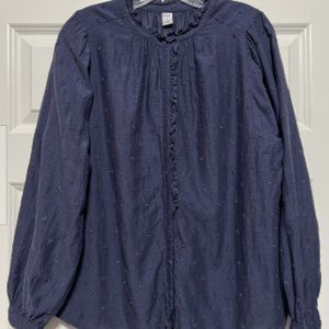 Size S Old Navy Blue Blouse Flower Embroidered Loose Ruffles Button Shirt